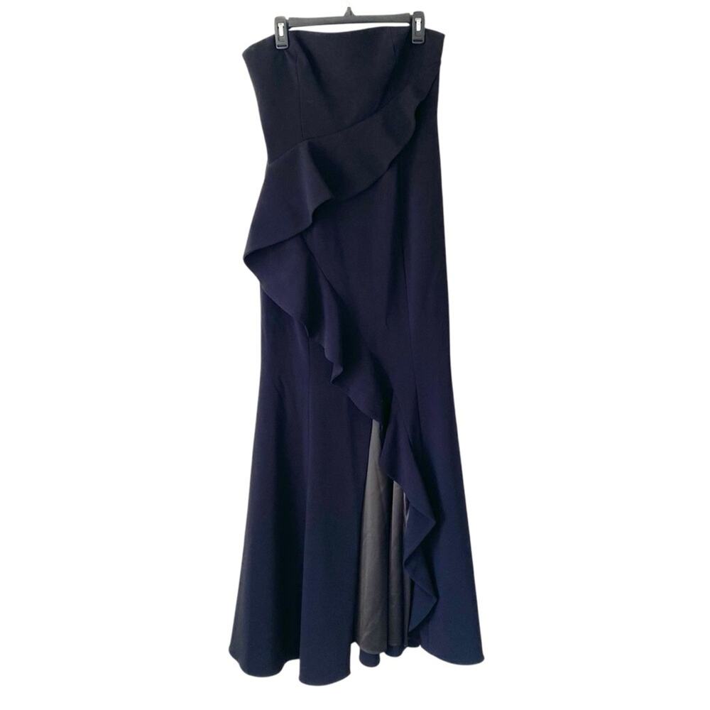 Jay Godfrey Allman Black Strapless Ruffle Gown Side Slit lined in satin size 12 - Picture 2 of 9